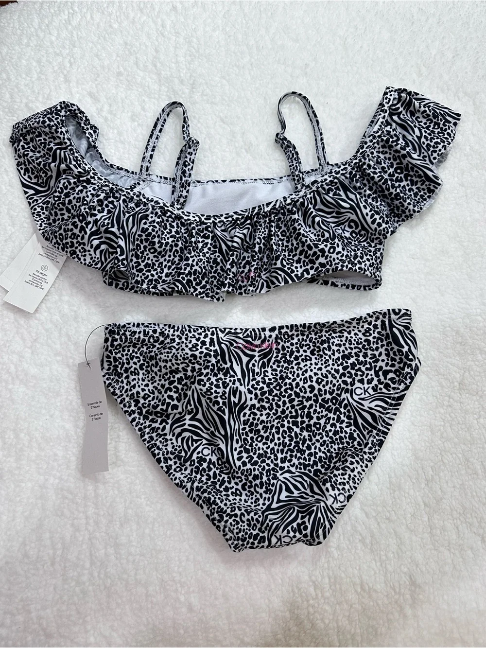 Girl’s Calvin Klein Black & White Animal Print Ruffle Bikini Set
